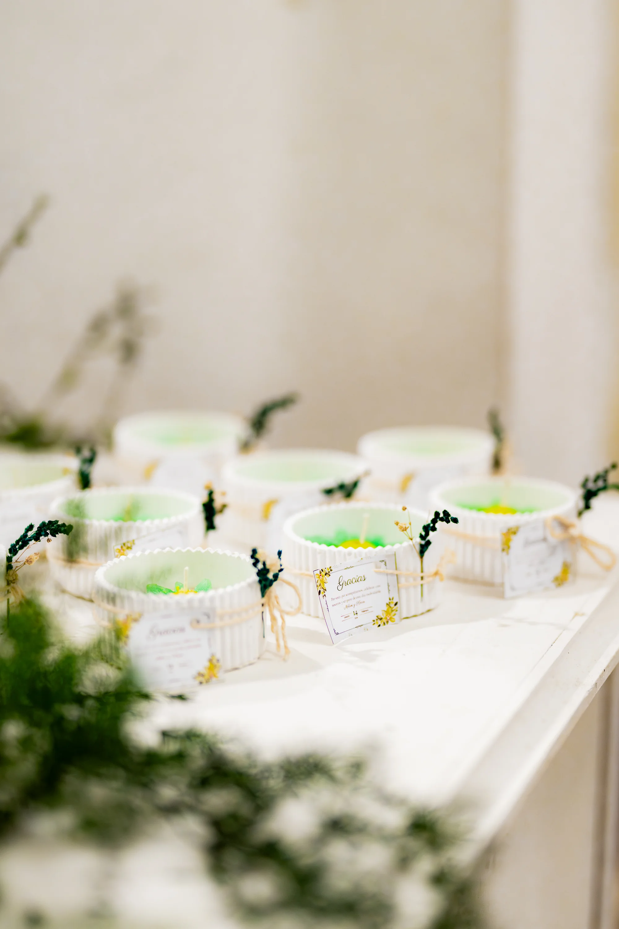 Mesa de bienvenida con tragos y decoración de boda — Luréa Studio